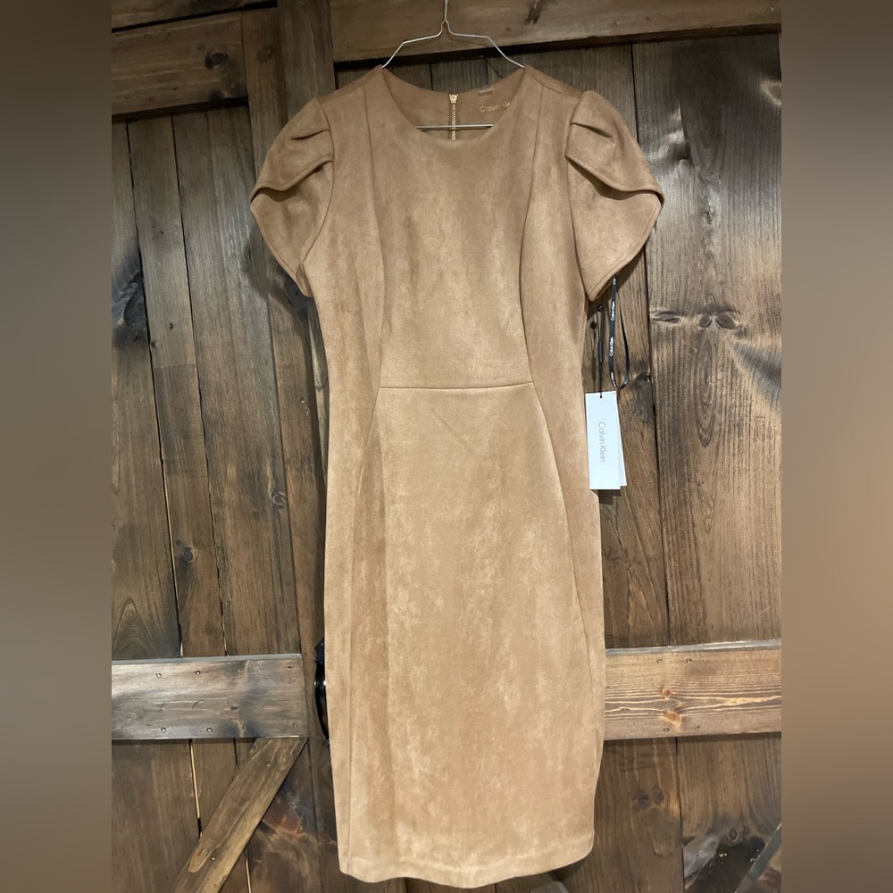 New With Tags, Calvin Klein Size 4 Tan Faux Suede Midi Sheath Dress